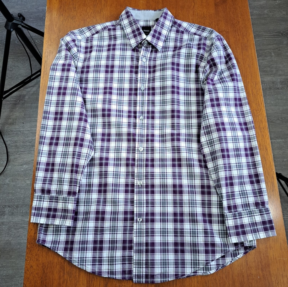 Hugo Boss Ronny 21 Slim Fit Purple Checkered Long Sleeve Button Up Shirt